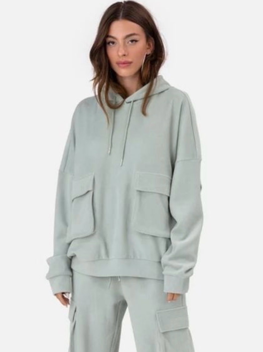 Adika Oversized Sage Green Hoodie With Front Patch Pockets